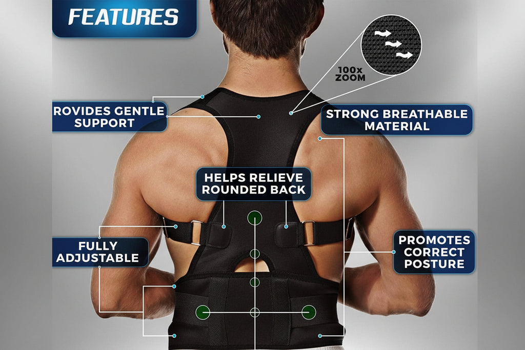 Back brace with features highlighted on a gray background