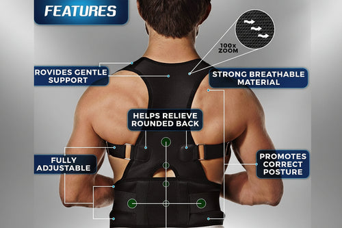 Back brace with features highlighted on a gray background